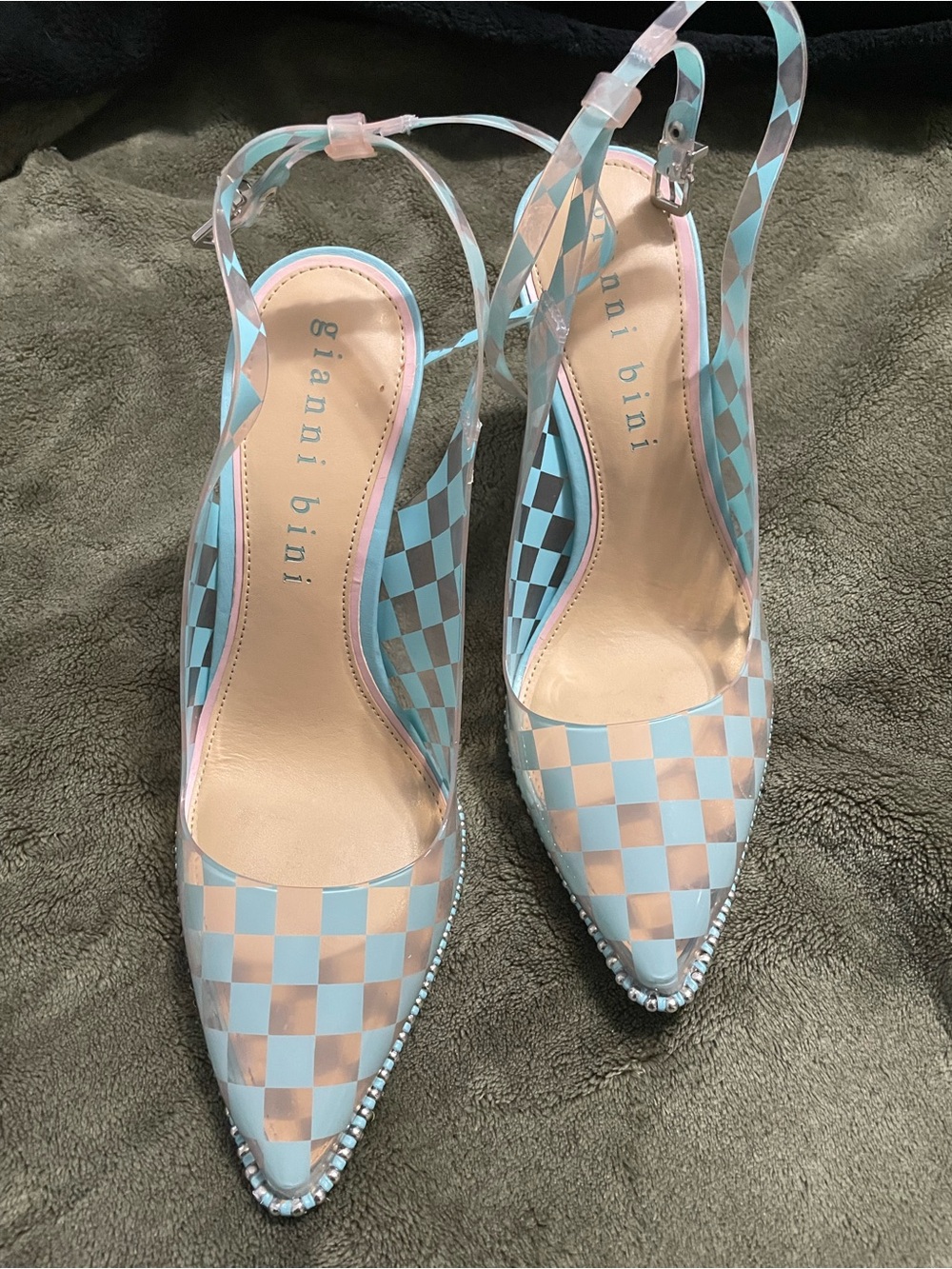 Gianni Bini Pastel Blue and Nude Checkered Pointed Slingback Heels
